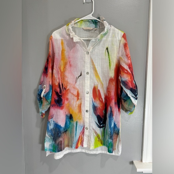 Soft Surroundings Isla Grande 100% Cotton Multicolor Watercolor Button Front Top - Picture 3 of 12